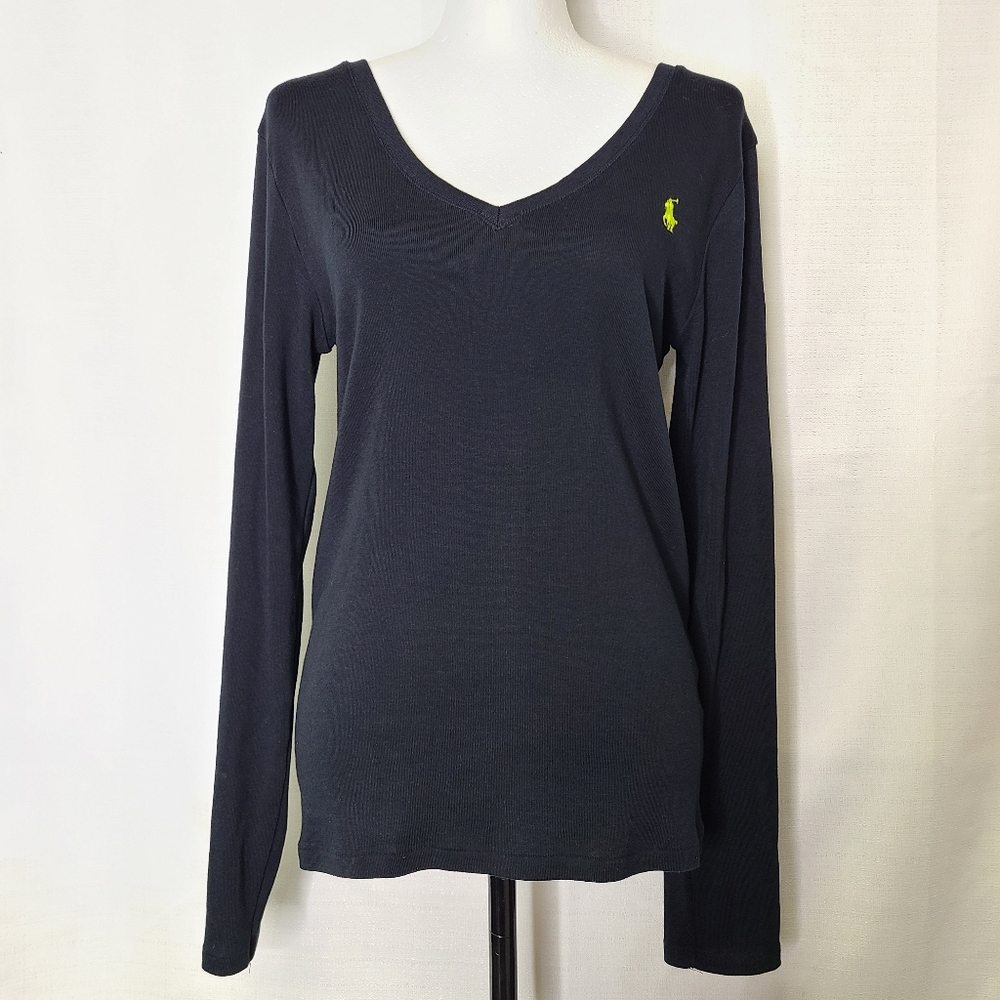 Ralph Lauren Blue Label Lightweight Sweater Cotton V-Neck Black Size Large